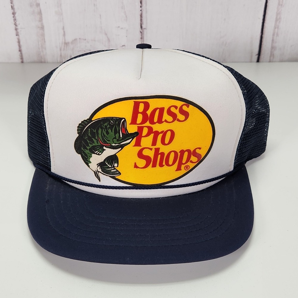 Vintage Bass Pro Shops Mesh Trucker Hat Snapback Blue White Fish Hunting Cap